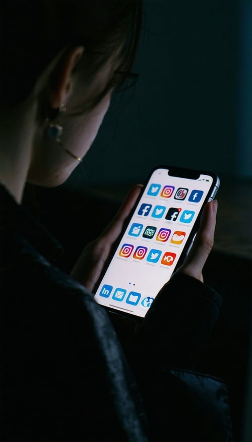 a phone with blurry screen and siluettes of social media icons on it, someone scrolling in a dark setting, like a serious modern room a phone with blurry screen and siluettes of social media icons on it, someone scrolling in a dark setting, like a serious modern room
