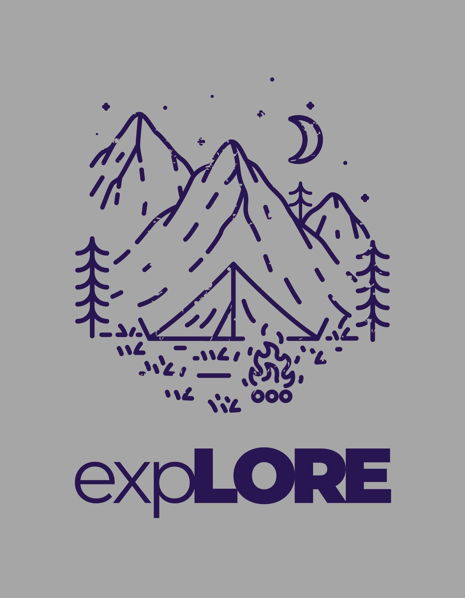 expLORE Simplified mountains with camp and fire during the night