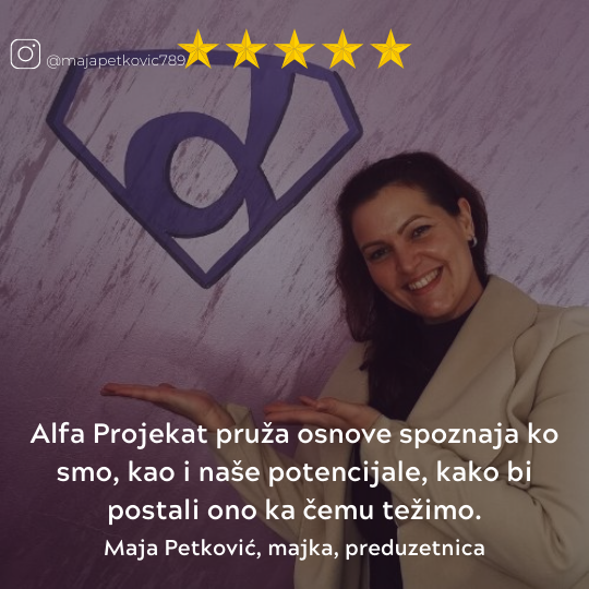 Woman pointing on Alfa Projekat sign